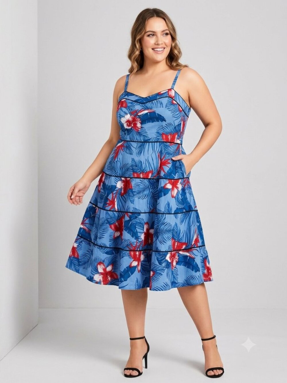 City Chic Hawaiian Tropical Print Fit & Flare Dress Size M / 18 - Picture 1 of 7